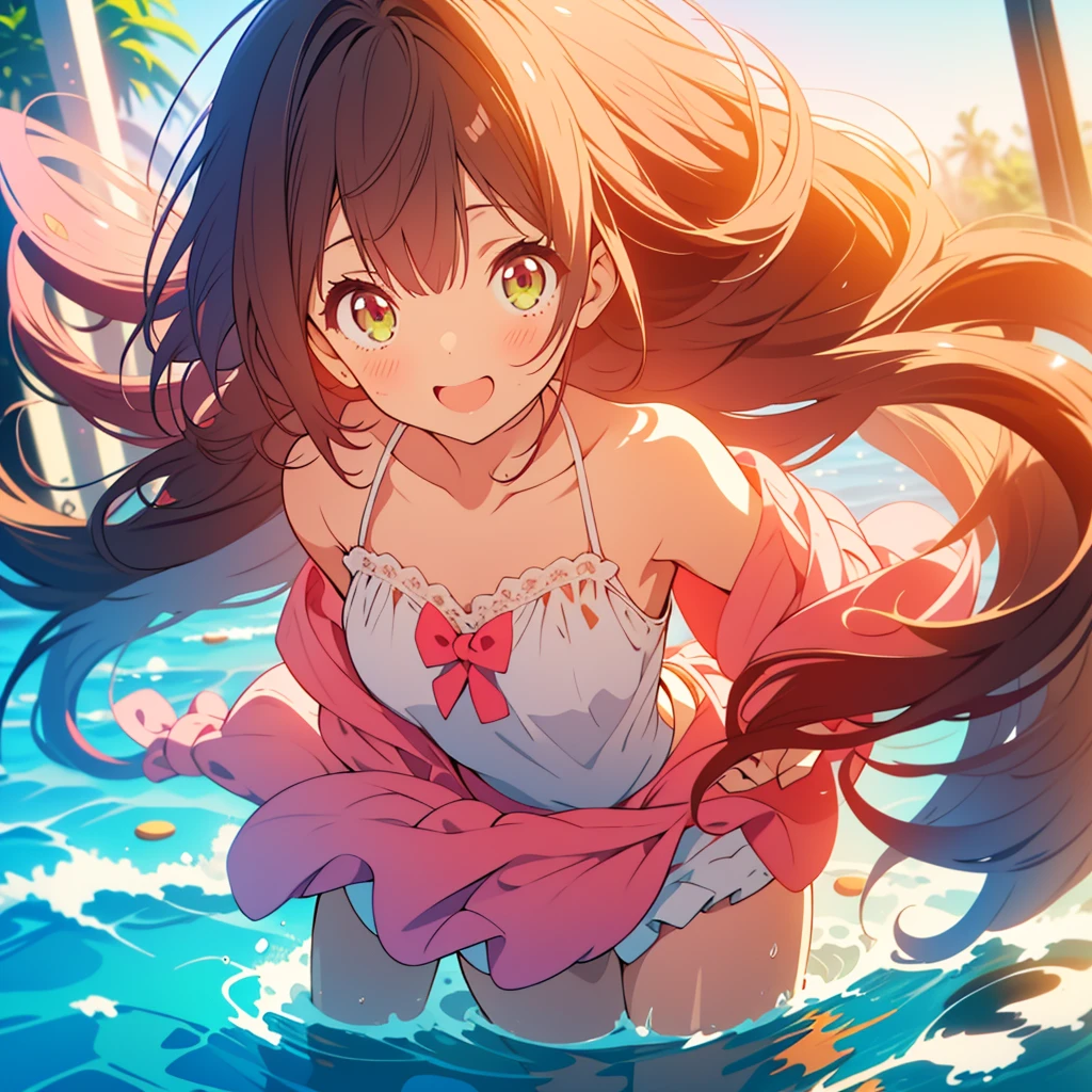 kawaii, anime, Cute, hyper quality, highly detailed, 8k, Clarity, Draw facial expressions in detail, Girl with long dark brown hair and green eyes, swimsuit, whole body, Dynamic feeling, A young girl with short light pink hair and scarlet eyes., play together, smile, water play, play with two people, with light pink hair, highlight on eyes,