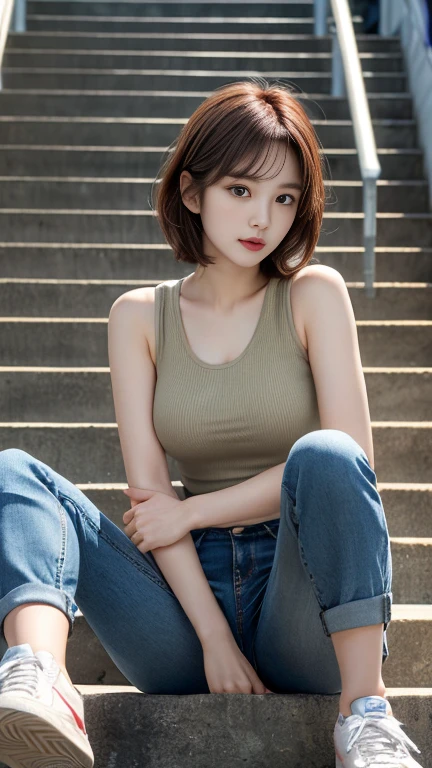photography of a brightly sangmi nam who is Korean actress, masterpiece, photorealistic, analog, realism, Korean idol, slim leg, long_brown_hair,1 girl, very bright backlighting, solo, {beautiful and detailed eyes},large breasts, calm expression, natural and soft light,delicate facial features, Blunt bangs, beautiful Korean girl, eye smile,22yo, ((model pose)), Glamor body type,(half red and half short hair:1.3), flim grain, realhands, masterpiece, Best Quality, photorealistic, ultra-detailed, finely detailed, high resolution,brown messy hair, perfect dynamic composition, beautiful detailed eyes,(Korean girl:1.4),((nervous and embarrassed)),sharp-focus, beautymix, FilmGirl,(wearing a khaki-colored tank top shirt,denim jeans,white sneakers:1.3),facing reality,(The girl must be sitting on the stairs with my legs spread open:1.3),(on the street:1.3),(fullbody shot:1.3),(shot from below:1.5)