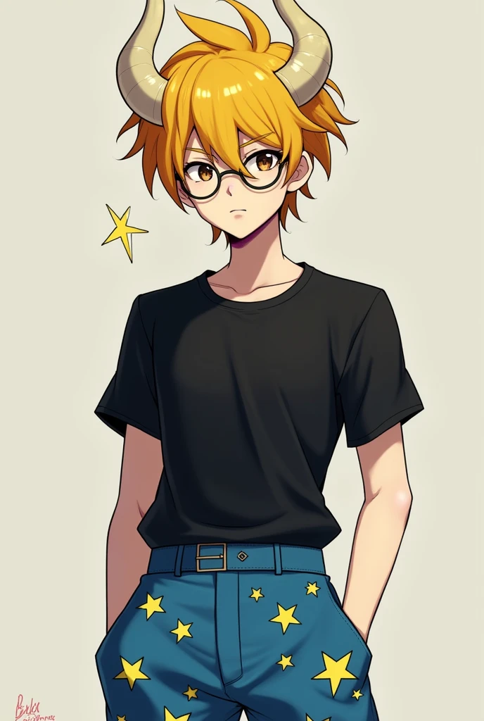 Male character with yellow hair and yellow horns with white skin and a black shirt and blue shorts with stars on the pants and glasses