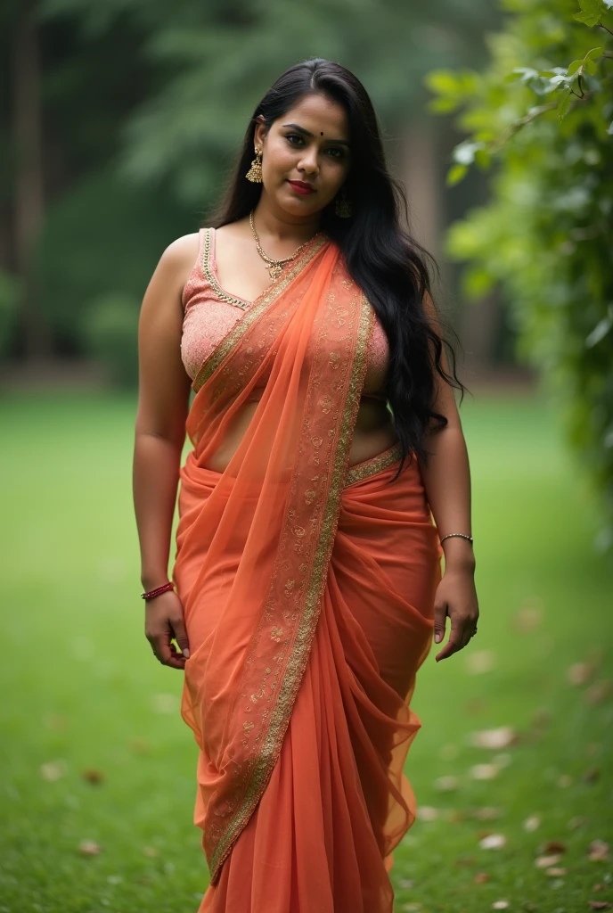 Indian chubby Wife with a huge round and long cleavage line visible in a sexy folded net saree, HDR, 8k, hyperdetailed, best quality, ultra-high resolution, HDR, 8k, walking on the lawn , look at viewer, waist level view
