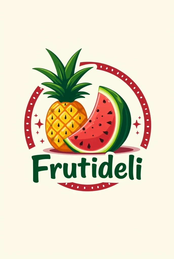 Create a logo with the name FrutiDeli with a pineapple and a watermelon with chamoy and tajin that says FrutiDeli in the middle without faces on the fruits