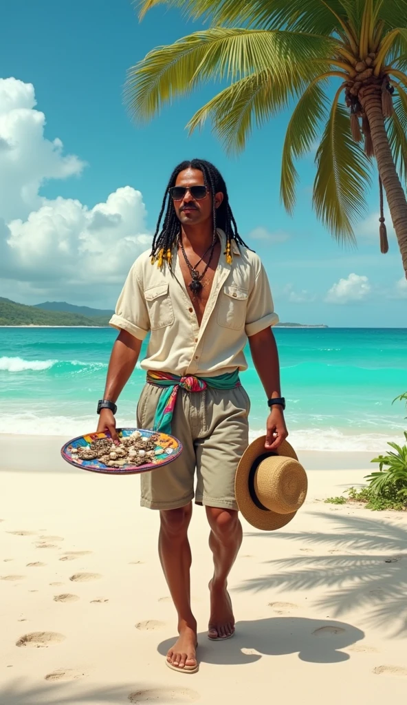 create the image of a street vendor on a beach in Venezuela. The vendor is a white Venezuelan man, descendant of Spanish Canarians, with a builtfat type of body, he is a bit fat, he has slim arms, a product of sun and exercise. His face shape is rectangle type. His long, thick black hair is delicately braided and adorned with fine yellow highlights that contrast with his tanned skin. His hairline type is rectangular shaped. He has an asian van dyke sparse black mustache . His eyes are protected by modern sunglasses, which give him a relaxed and carefree air. His clothing is casual and summery: beach shorts that reveal his thick and slightly muscular legs and a loose t-shirt, ideal for the tropical climate. His appearance conveys positive energy and a relaxed lifestyle. The colorful braids and handmade accessories complement his bohemian look and connected with nature. He is around 30 years old, he is an extroverted person, with a free and adventurous spirit. His job as a seller of handmade jewelry suggests an artistic sensibility and a deep respect for nature, since his products are made with organic materials such as snails. The place where he sells is a paradisiacal beach, with fine white sand, the turquoise sea stretching to the horizon. The sun shines brightly, creating a warm and welcoming atmosphere. A gentle sea breeze caresses the skin and the sound of the waves breaking on the shore accompanies the scene. The seller walks at a leisurely pace along the shore of the beach, leaving footprints in the sand. His bare feet feel the soft texture of the sand as he looks out to sea. In one hand he carries a colorful tray with his handmade creations, necklaces and shell bracelets, which he proudly displays to potential buyers. His other hand gently swings a straw hat, which protects his face from the sun. Tourists strolling along the beach are attracted by his unique and original products, stopping to admire his creations and chat with the seller.