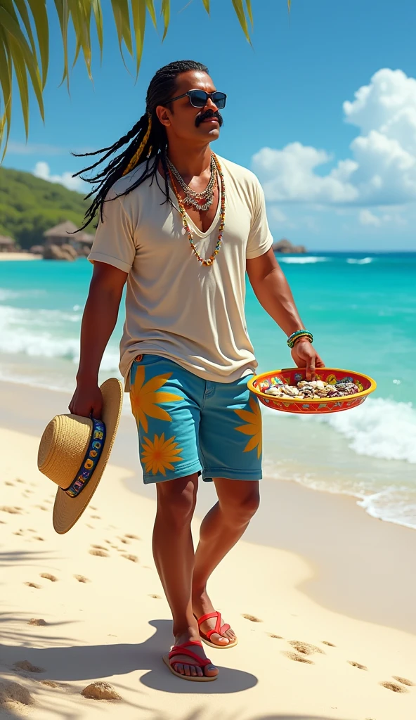 create the image of a street vendor on a beach in Venezuela. The vendor is a white Venezuelan man, descendant of Spanish Canarians, with a builtfat type of body, he is a bit fat, he has slim arms, a product of sun and exercise. His face shape is rectangle type. His long, thick black hair is delicately braided and adorned with fine yellow highlights that contrast with his tanned skin. His hairline type is rectangular shaped. He has an asian van dyke sparse black mustache . His eyes are protected by modern sunglasses, which give him a relaxed and carefree air. His clothing is casual and summery: beach shorts that reveal his thick and slightly muscular legs and a loose t-shirt, ideal for the tropical climate. His appearance conveys positive energy and a relaxed lifestyle. The colorful braids and handmade accessories complement his bohemian look and connected with nature. He is around 30 years old, he is an extroverted person, with a free and adventurous spirit. His job as a seller of handmade jewelry suggests an artistic sensibility and a deep respect for nature, since his products are made with organic materials such as snails. The place where he sells is a paradisiacal beach, with fine white sand, the turquoise sea stretching to the horizon. The sun shines brightly, creating a warm and welcoming atmosphere. A gentle sea breeze caresses the skin and the sound of the waves breaking on the shore accompanies the scene. The seller walks at a leisurely pace along the shore of the beach, leaving footprints in the sand. His bare feet feel the soft texture of the sand as he looks out to sea. In one hand he carries a colorful tray with his handmade creations, necklaces and shell bracelets, which he proudly displays to potential buyers. His other hand gently swings a straw hat, which protects his face from the sun. Tourists strolling along the beach are attracted by his unique and original products, stopping to admire his creations and chat with the seller.