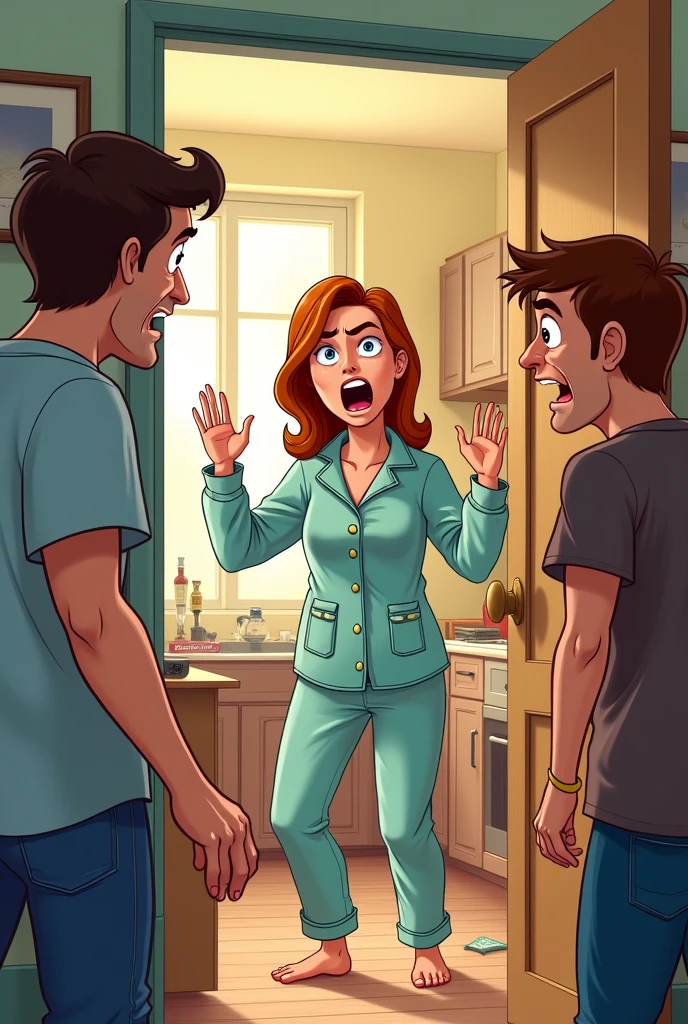 A man brings his friend to his house where his wife in pajamas shouting at him and the house is bit mess funny cartoon