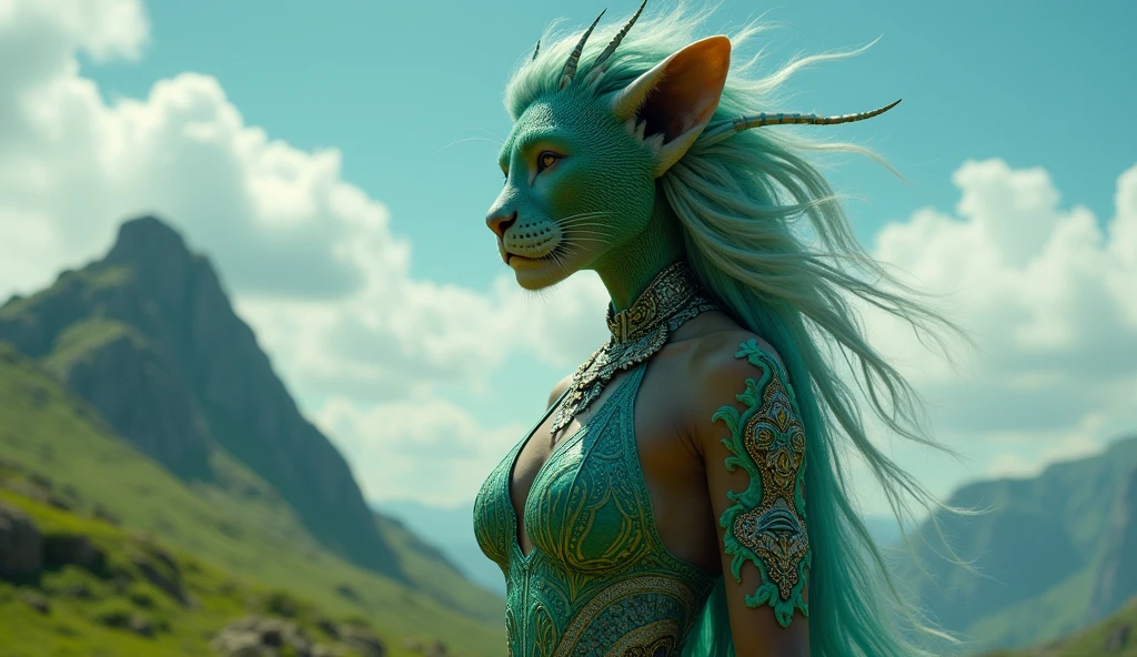 Sierra Leone as an african League of Legend curvy lioness sexy female creature in green, white and blue colors. Intricated clothing. Cinematic Fantasy sci-fi landscape background