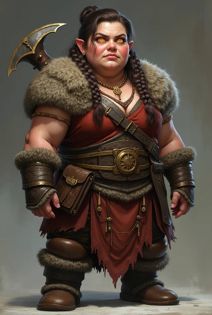 Female dwarf
. She is 4'2" tall with a large, broad build. She has yellow, alert eyes..