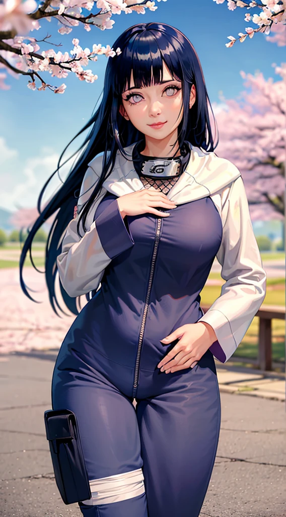 H1N4T4, 1girl, hyuuga hinata, solo, (realistic:0.5), masterpiece, solo, (best quality, perfect detailed, beautifully detailed face, detailed eyes), glistening shiny, ray tracing, DOF, HDR, gradient eyes, sharp eyelashes, ((eyelashes)), mascara, detail_face, eyelashes, shiny hair, flirting, seductive smile, parted lips, medium breasts, (soft particles floating:1.1), ((looking at viewer)), (playmate pose:1.1), (full body:1.1), ((8k wallpaper)), ((highres)), long hair, black hair, white eyes, (pants:1.2), hand on hip, hood, bangs, full body, standing, blurry, looking at viewer, long sleeves, smile, (grassfield:1.4), (tree:1.2), (cherry blossom:1.3), (blue sky:1.3), (sun),