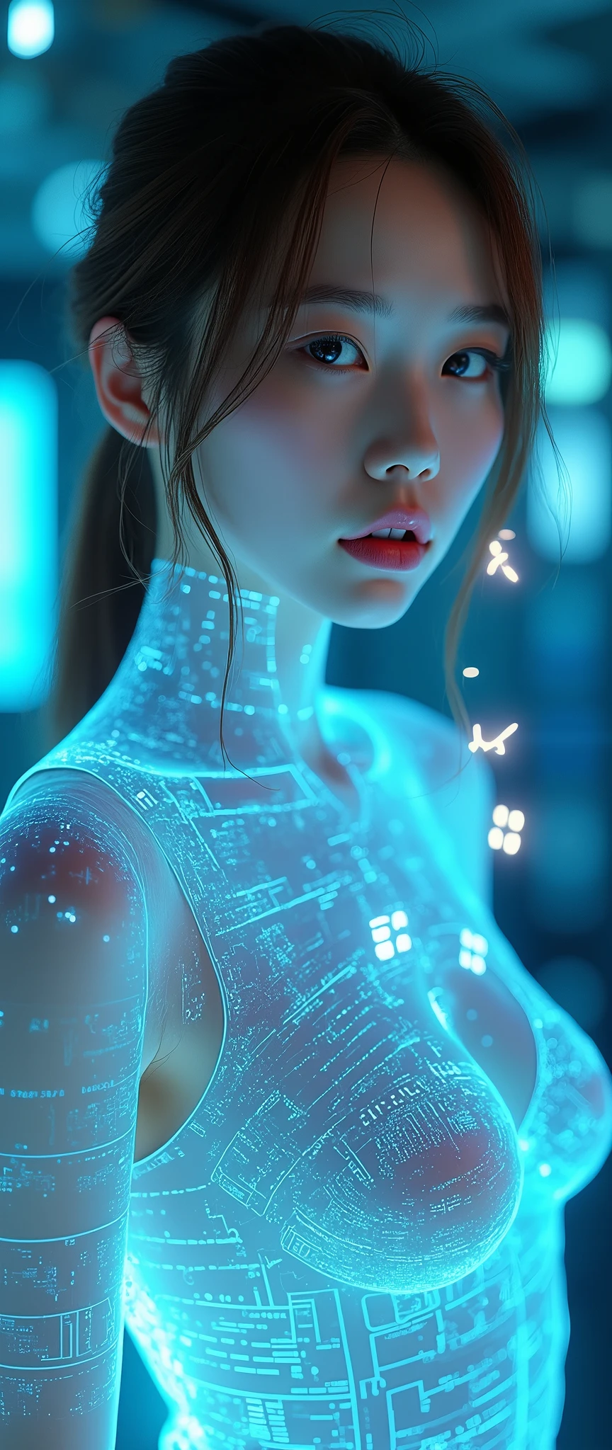 Browsing Caution:-2, Realistic, legs apart:1.21, Photorealistic, Highly realistic photos, Typography themed poster, Bust up shot, Close your lips, Portrait of a Japan woman:1.21, Blue program code projected onto the skin, BASIC, COBOL, Fortran, Blue system blueprint projected onto the skin, Holographic effect, Digital code projected onto the skin, English, Kana characters, number, Chinese character, Typography reflected on the skin, Elegant appearance, Brown Hair, Low ponytail hair, Cyberpunk Woman, Cute Japanese woman'顔:1.21, Beautiful Japanese woman face:1.21, Sharp eyebrows:1.37, Pink lipstick:0.95, Detailed face, Pale skin:1.21, Fine skin, Glowing Skin:1.21, The body from the neck down is mainly a semiconductor substrate, Cyberpunk computer room, A small blue flame rises from the left side of my chest., Rays of light run through her body:1.37, Pale, symbol-shaped orbs fly around her body.:1.37, Ray Tracing, Emotional, Dynamic and cinematic lighting, Browsing Caution:-2
