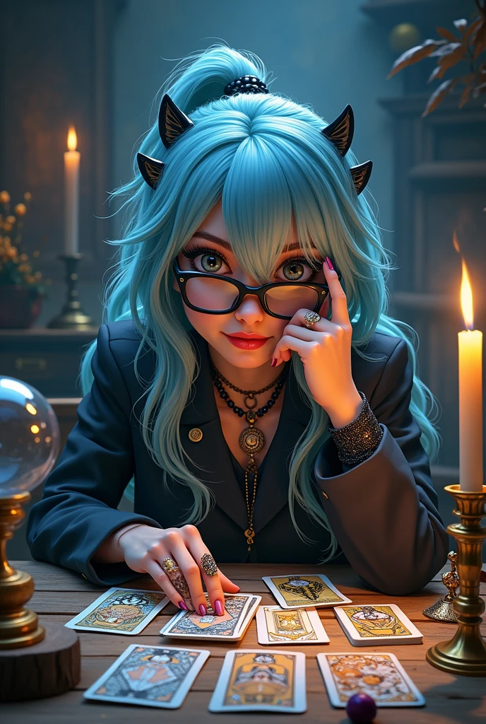 Tarot Cards,fortune teller,Fortune telling room、Black-rimmed glasses,nail art,Mysterious smile,Light blue hair、