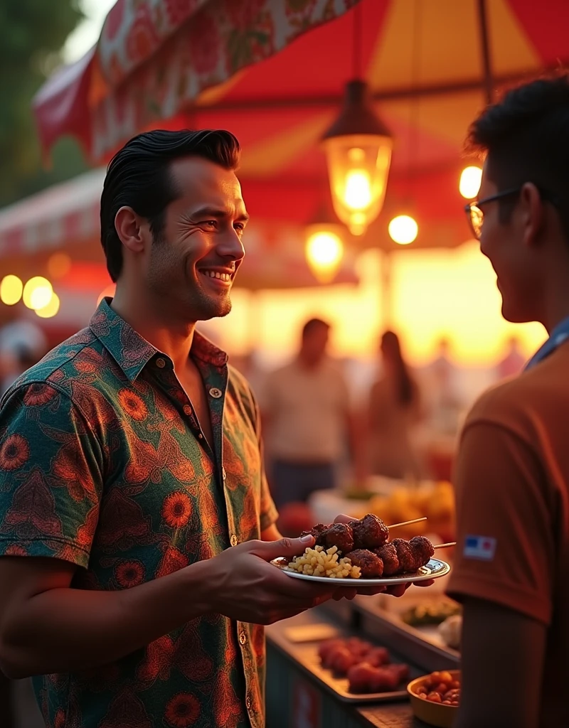 Nice and friendly [Superman:Henry Cavill:0.1] wears batik, he orders lamb satay at Indonesian street food market place at late afternoon with beautiful sunset