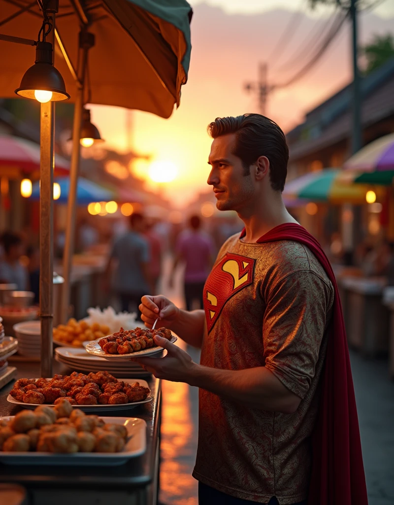 Nice and friendly [Superman:Henry Cavill:0.1] wears batik, he orders lamb satay at Indonesian street food market place at late afternoon with beautiful sunset