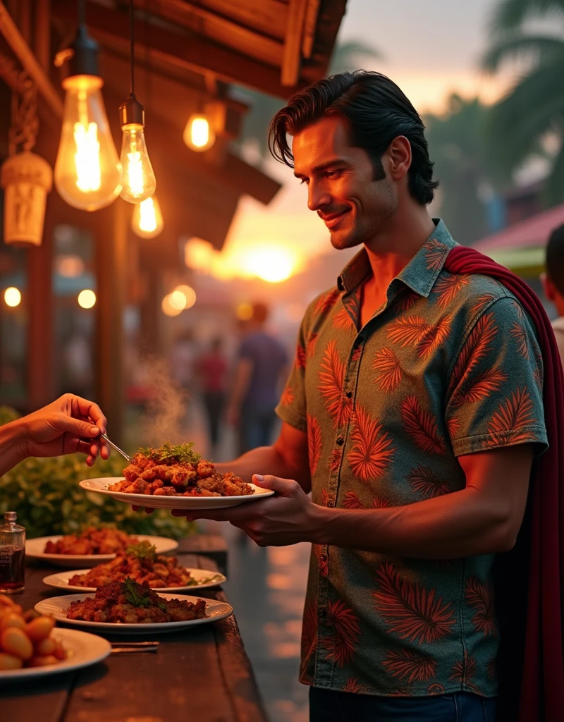 Nice and friendly [Superman:Henry Cavill:0.1] wears batik, he orders lamb satay at Indonesian street food market place at late afternoon with beautiful sunset