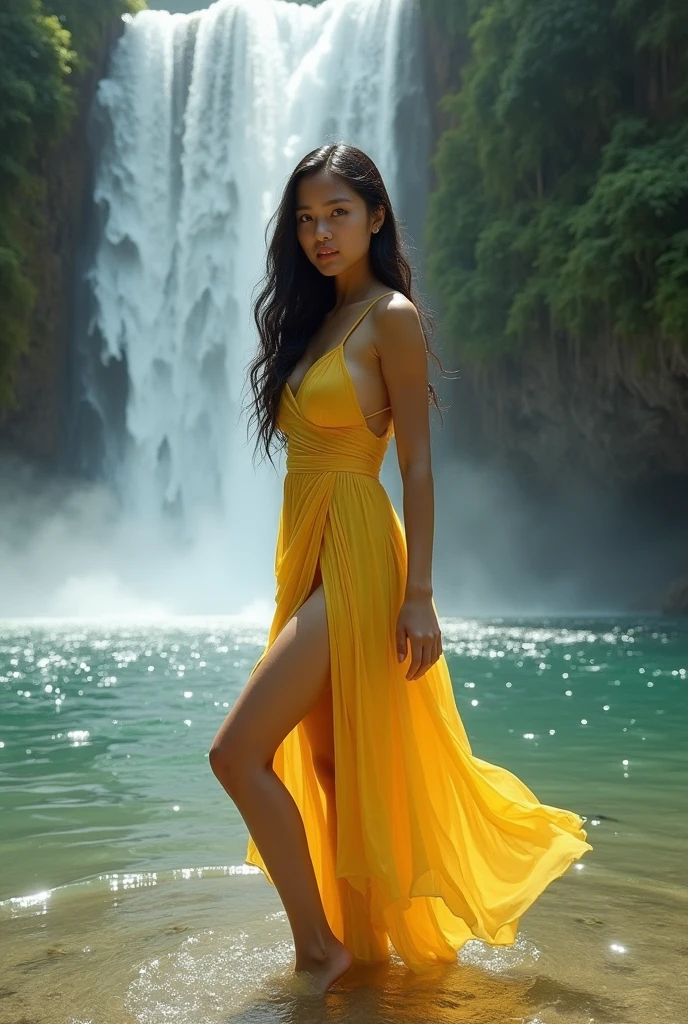 Realistic pinay babae wearing yellow dress standing in the water with backbground falls