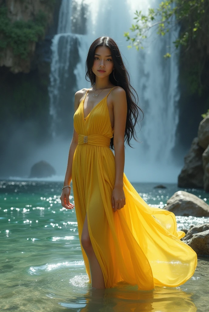 Realistic pinay babae wearing yellow dress standing in the water with backbground falls