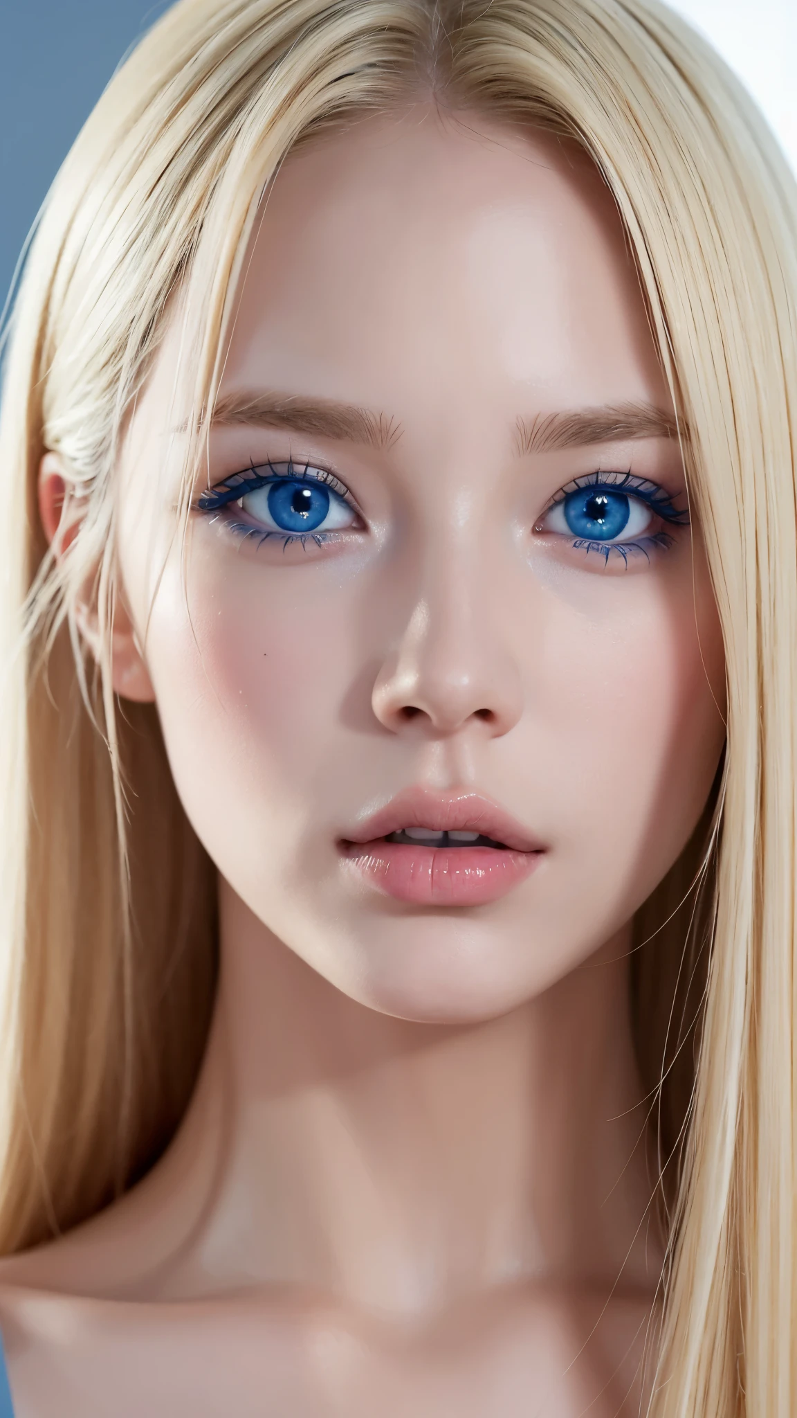  Natural blonde woman face close up ((natural blonde))blue colored eyes rosto perfeito cabelo loiro longo ,serious look, dark makeup around the eyes ((detailed blue eye)) perfect face blonde((blue colored eyes)) ((natural blonde hair))