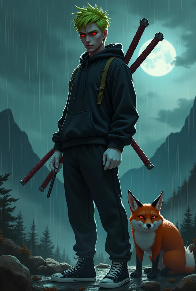 Man with green hair and yellow tips and red eyes with 2 katanas, with a black hoodie and soft black pants with white gloves, dark skin tone, but of course, with a psychopathic look, with black and white tennis shoes and 2 small knives, with a fox, with red earrings, animated style, standing posture, on a mountain at night raining