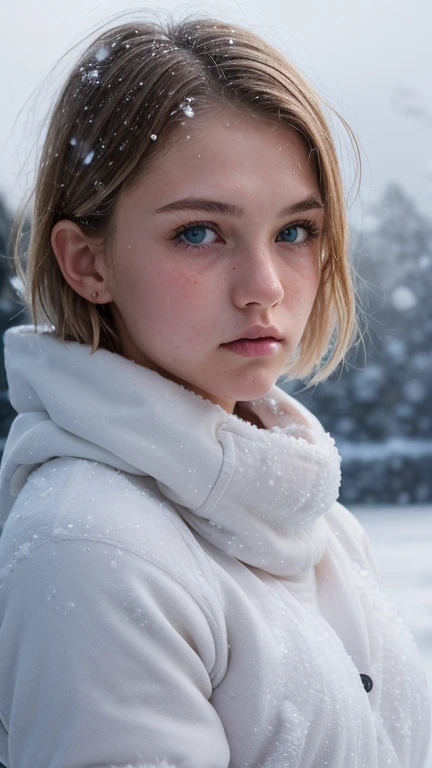 (realistic),18 yo blonde girl . Full lips. Eyes wide. Very short hair, well-trained body, (( sweaty skin)), short hair, determined face, blowing hair, (Cold style:1.1) (Gloomy winter snow:1.4)