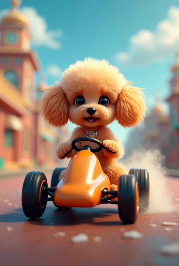 A super cute toy poodle rides a palm-sized go-kart, Toy Poodle Eyes, Very detailed, 8k, Realistic, Studio Lighting, Professional, Intricate details, Dynamic Motion Blur, Adorable expression, Small size, Fluffy fur, Whimsical, Vibrant colors, high quality