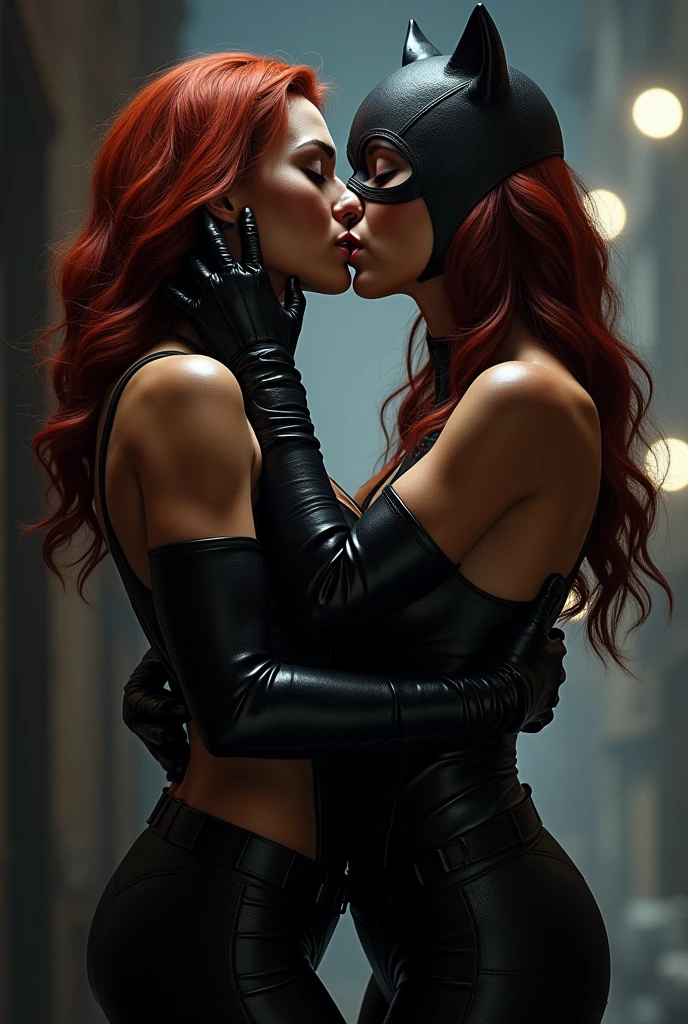 Black widow x catwoman lesbians kissing with tongue 