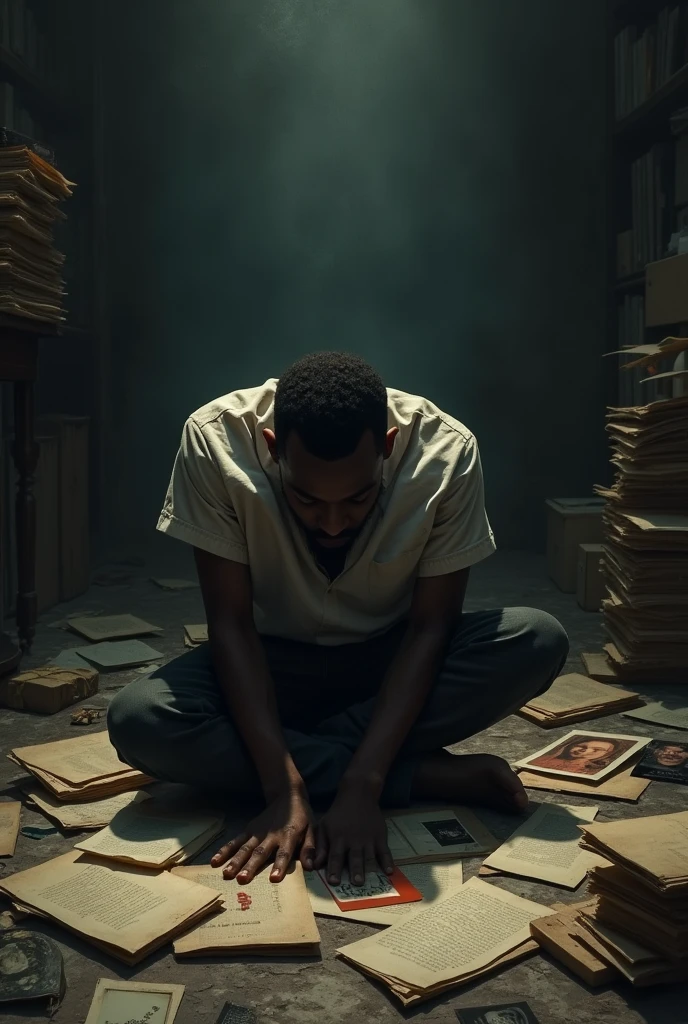 black man in a dark and cluttered environment, surrounded by old documents and photographs. He is sitting on the floor, with his head bowed and an expression of deep sadness and regret.