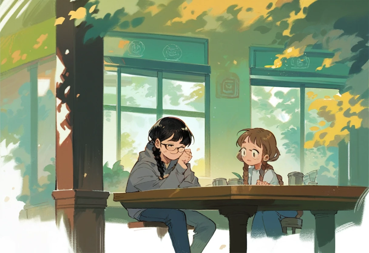 A young girl with long braided brown hair, wearing a barista outfit standing next to a sitting anime girl long straight black hair, wearing glasses, grey hoodie, and jeans, sitting on a cafe table next to a window