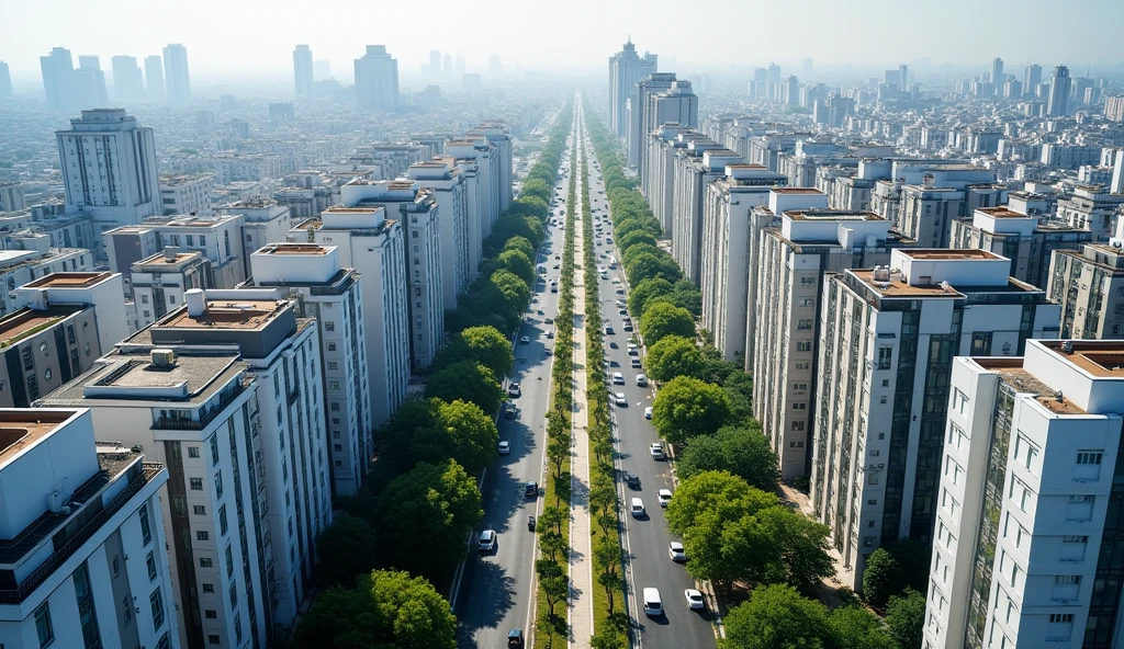 Description for the image:
vista:Aerial.
Location: Main avenue of the city of Mollendo.
buildings: Two rows of residential buildings, located on both sides of the avenue. There are 8 buildings on the left side and 8 on the right side..
Design of buildings: Each building has a different architectural design,
On the avenue there are buildings of :
residential office hotel bank. etc.
Color of the buildings: white, white con lineas azules, mirror, white y lineas naranjadas oscuras.
Height: Each building is approximately 100 meters high and has around 28 floors..
Trees and path: Includes trees along the avenue and on the central path.