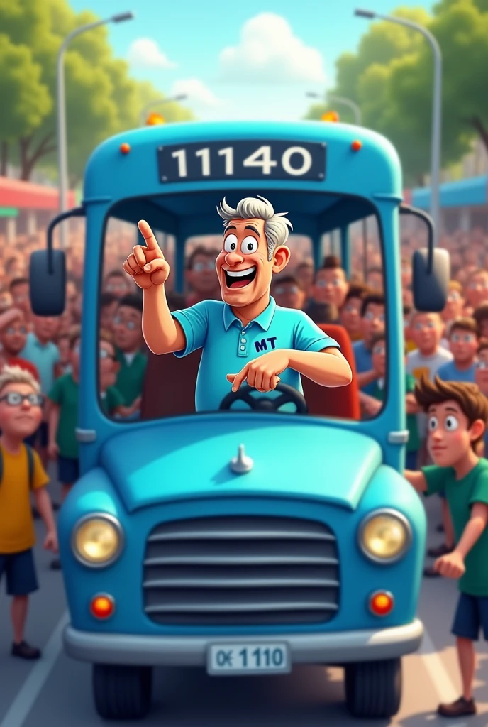 Cartoon de Um homem, looking 50 years old, 79 kilos, in a light blue polo shirt, on the shirt it says MT, The man is in the middle of a crowd driving a blue bus and pointing forward. . The bus has the number 11140.