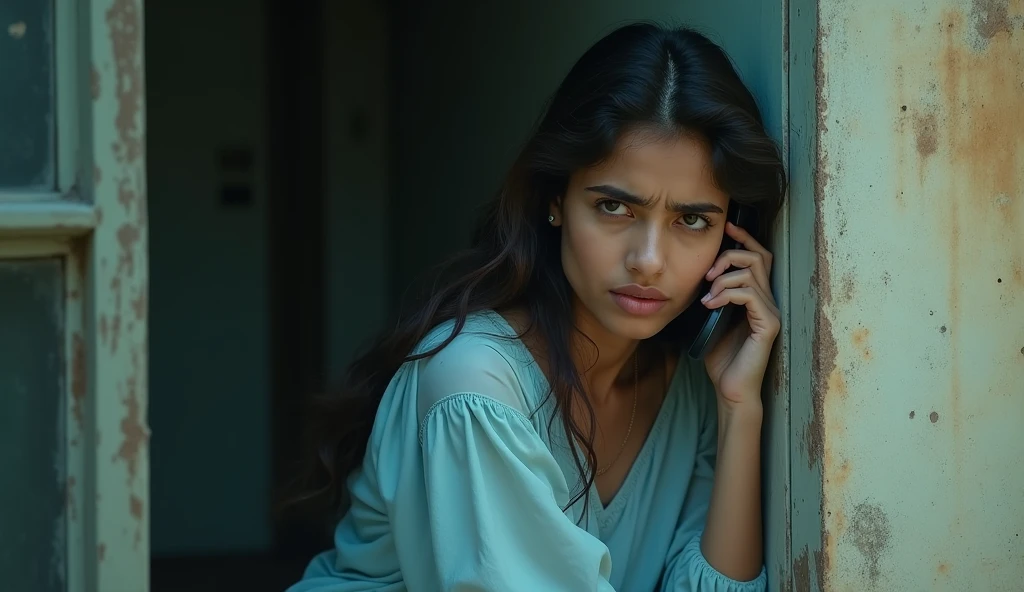 A beautiful 24-year-old girl named Shreyaa is wearing a skyblue frock and has hidden herself in the outer corner of a building. , and she is talking to someone on the phone and she is very scared