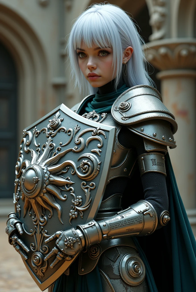 Surreal Very detailed Ultra Fantasy Ultimate Details Ultra-high resolution 8K 32k 3D Clear Eyes Silver髪 In his left hand he holds a magnificent medieval shield mechanical engineering Mechanic Art Girl Shield【Roses】A Roman alphabet name plate is included. intricate and elaborate design, money, Silver Dynamic pose Robotics Cinema Lighting