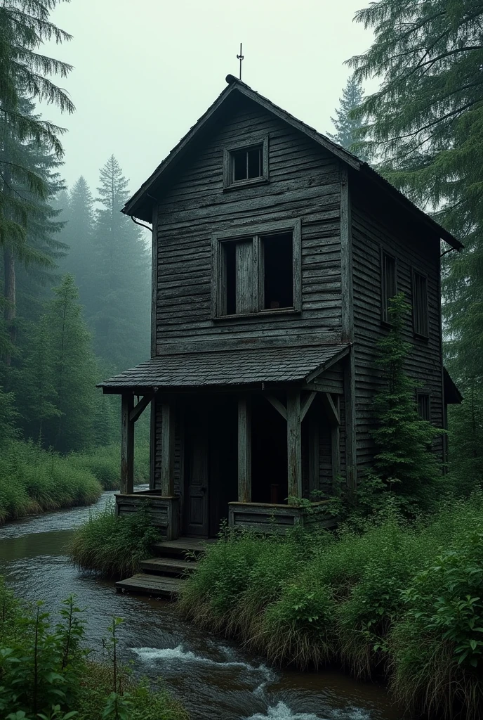 Dark gothic photo of ukrainian ancient wooden mill, there is a lot of nature nearby