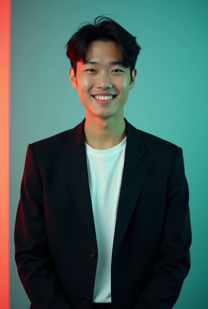 A young Korean boy old With Dark hair and a confident smile He is Dressed in a black blazer over a white shirt The man is positioned against aqua colour backdrop with a subtle red lighting on the left side and he posing for linkedin profile