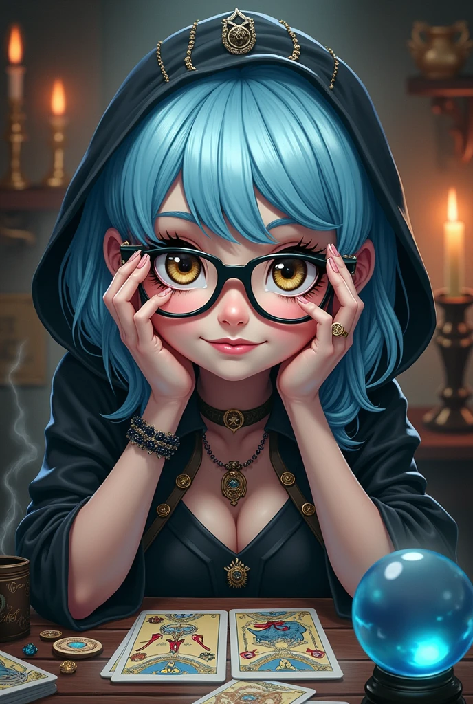 Tarot Cards,fortune teller,Fortune telling room、Black-rimmed glasses,nail art,Mysterious smile,Light blue hair、