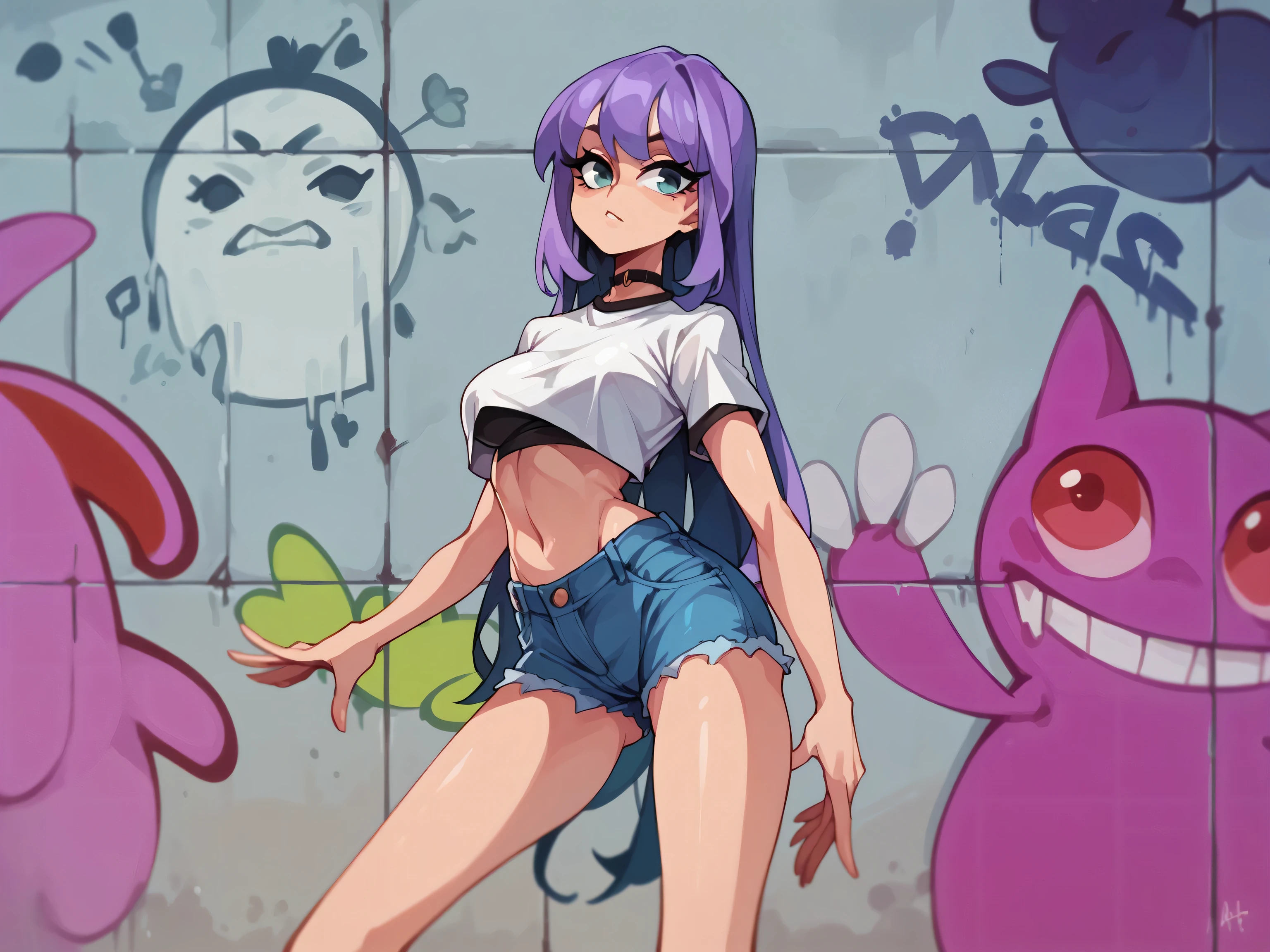 Masterpiece , Excellent quality , high resolution , 1 woman , Long Lilac Hair , White crop top , Jean Shorts , abdomen , big breasts , Long legs , hands on hips , Graffiti wall
