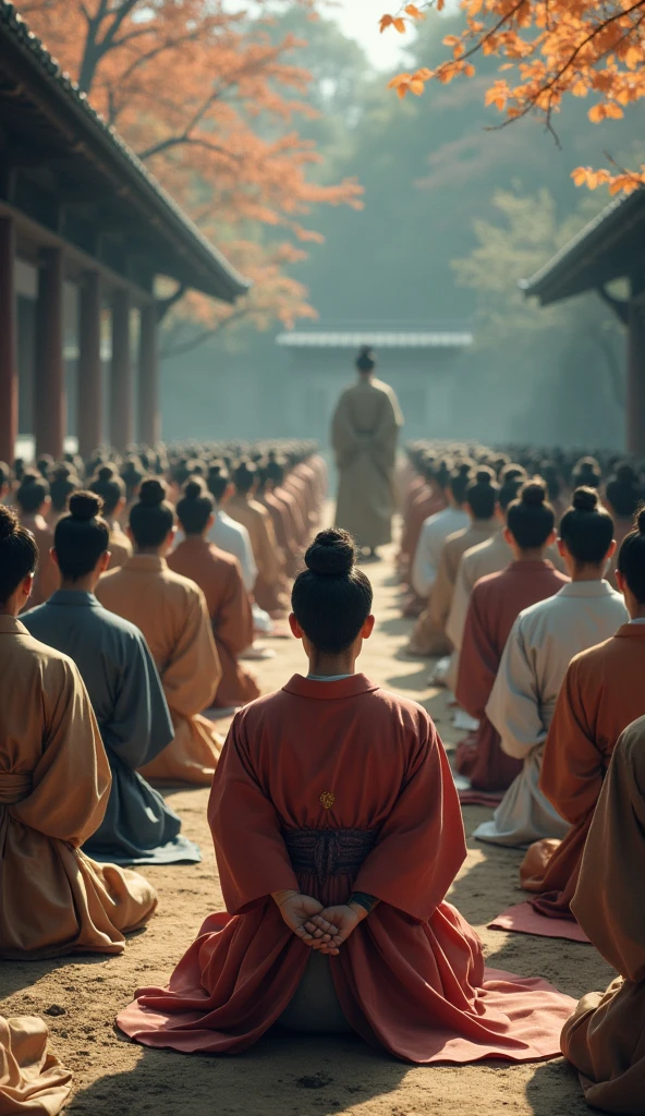 "A large group of Japanese people sitting in seiza (traditional kneeling posture) with their hands clasped together in prayer. The group is dressed in traditional Japanese attire, such as kimonos and hakamas. The setting is a serene, peaceful environment, possibly a temple or a natural outdoor setting with soft, diffused lighting. The overall atmosphere should evoke a sense of solemnity and spirituality, with attention to cultural details."