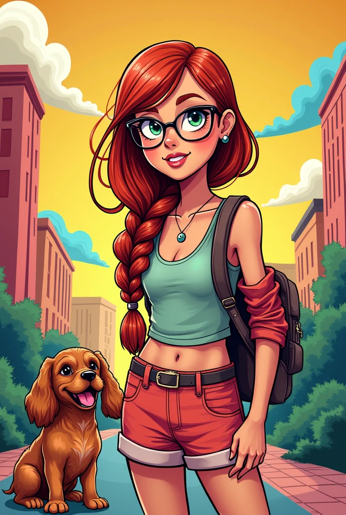 Woman in comic cartoon style, with a braid, reddish hair , glasses and nose piercing , and has a cocker spaniel