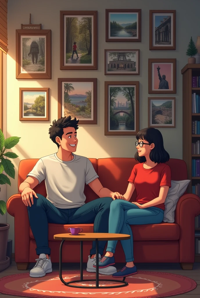 Design an anime scene set in Jake's living room. The room is filled with an array of framed pictures on the walls, showcasing Jake’s travels and various projects. Jake and Sophia, a woman in red shirt, jeans and spectacles are seated on a comfortable sofa, with a coffee table in front of them. Sophia’s expression is a mix of nostalgia and warmth as she glances at the pictures. Jake is leaning slightly forward, looking at Sophia with a curious and welcoming smile. The room has a warm, inviting atmosphere with soft lighting, a rug, and a bookshelf in the background.