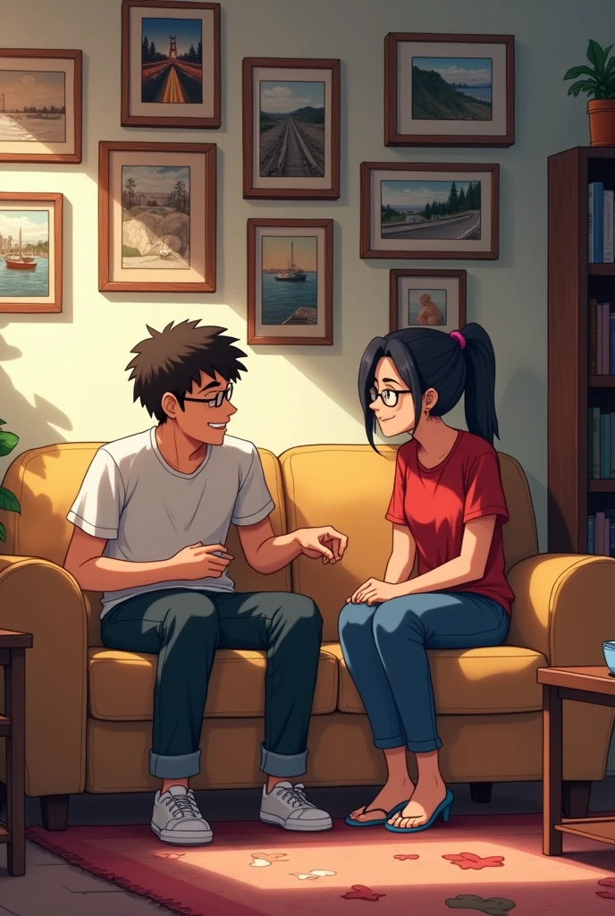 Design an anime scene set in Jake's living room. The room is filled with an array of framed pictures on the walls, showcasing Jake’s travels and various projects. Jake and Sophia, a woman in red shirt, jeans and spectacles are seated on a comfortable sofa, with a coffee table in front of them. Sophia’s expression is a mix of nostalgia and warmth as she glances at the pictures. Jake is leaning slightly forward, looking at Sophia with a curious and welcoming smile. The room has a warm, inviting atmosphere with soft lighting, a rug, and a bookshelf in the background.

