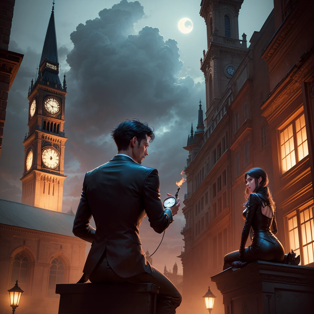 A man sitting on the top of clock tower, sigar in hands, and demon shadow in her back, and tunder storm in the night