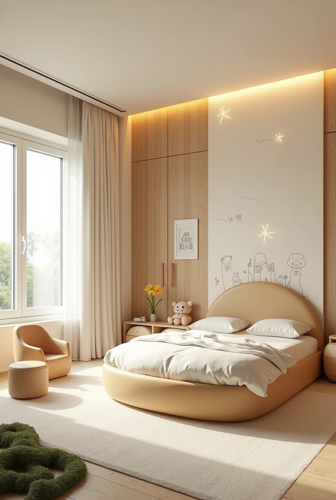 Professional 3d architecture rendering design of modern and   light moss and  so light Thunder and light cream and wooden   Modern and minimal  design for chid  bedroom  and light  cream   carpet  with animals painting and white painting wall and light wooden closet with animals painting and modern ceiling lighting and modern curtains for chid room and the child  large bed similar globe and safety chair for chid 