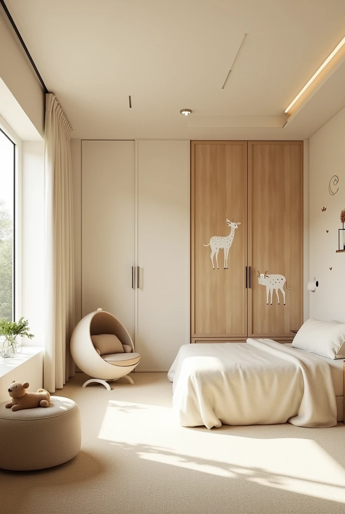 Professional 3d architecture rendering design of modern and   light moss and  so light Thunder and light cream and wooden   Modern and minimal  design for chid  bedroom  and light  cream   carpet  with animals painting and white painting wall and light wooden closet with animals painting and modern ceiling lighting and modern curtains for chid room and the child  large bed similar globe and safety chair for chid 