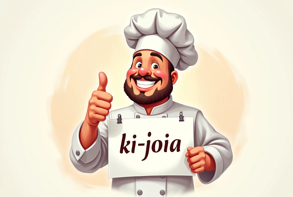 a smiling chef giving the thumbs up sign and holding a sign with the inscription "Ki-Joia" In the other hand 