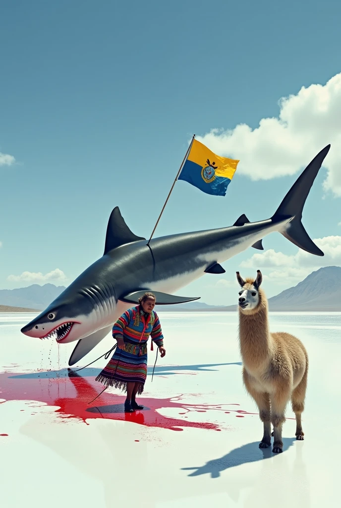 "A shark emerges from the Salar de Uyuni in Bolivia, with part of its body and dorsal fin sticking out dramatically from the vast white expanse. The shark is in full attack on a resident of the Puna, who wears an alpaca wool chulo, leather sandals, and colorful woven clothes made from llama wool. The blood of the inhabitant spreads over the white salt flats, creating a striking contrast. To one side, A llama watches the scene with frightened and excited eyes. on the horizon, The Bolivian flag flies on a flagpole, Surrounded by the typical landscapes of Uyuni, like distant mountains and blue skies reflected in the salt surface."

