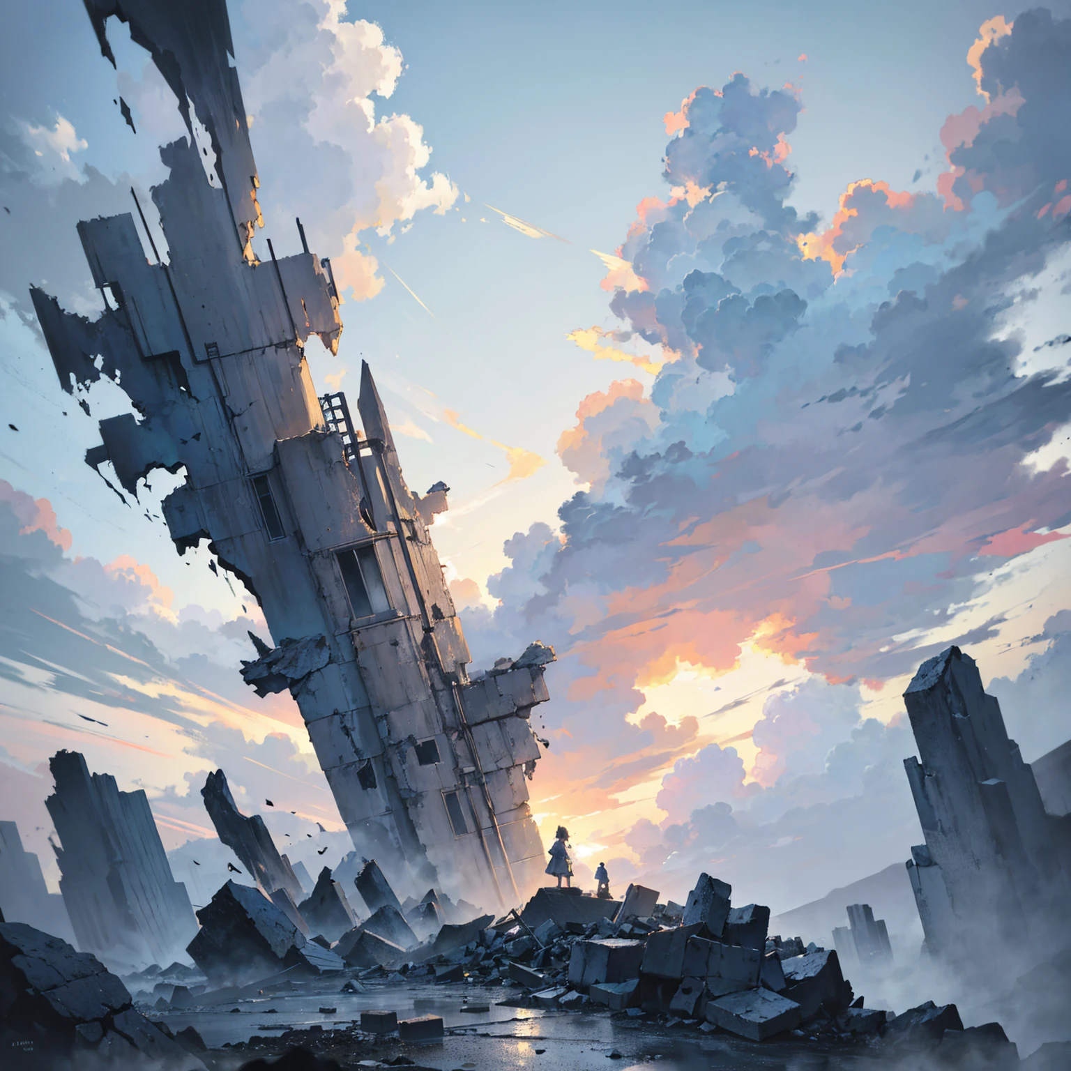 Please create a monochromatic illustration of a pile of rubble. The image should focus on the texture and detail of the debris, with various broken pieces of stone, wood, and metal scattered throughout. Ensure the overall design is gritty and detailed, with a focus on the contrast between light and shadow to emphasize the roughness and chaos of the rubble. (masterpiece), (high quality), (4k)、Please create an illustration featuring clouds with a radiant halo of light shining behind them. The light should create a soft, ethereal glow, highlighting the edges of the clouds and casting gentle beams of light through them. The overall design should evoke a sense of serenity and awe, with a focus on the contrast between the bright, glowing light and the soft, textured clouds. (masterpiece), (high quality), (4k)