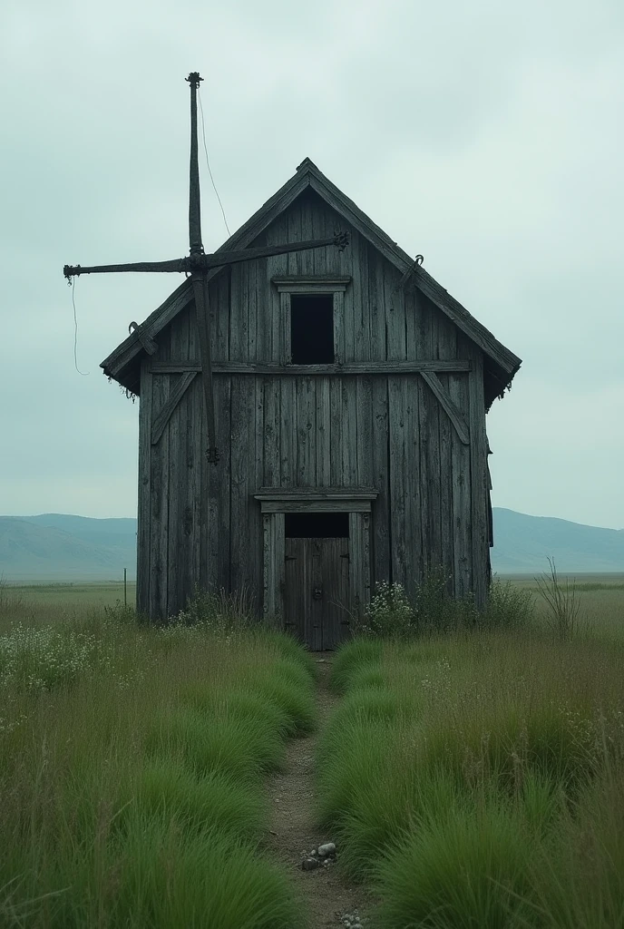 Dark gothic photo of ukrainian ancient wooden mill, which stands on the plain, there is a lot of grass nearby