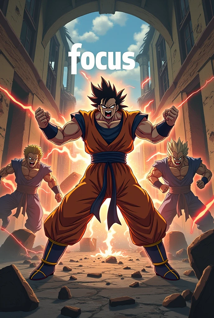 Can you generate me an anime character Wallpaper with focus written on it in a very meaningful way and where the hero is fighting with enemy's in rage and killing them in rage , in any old house