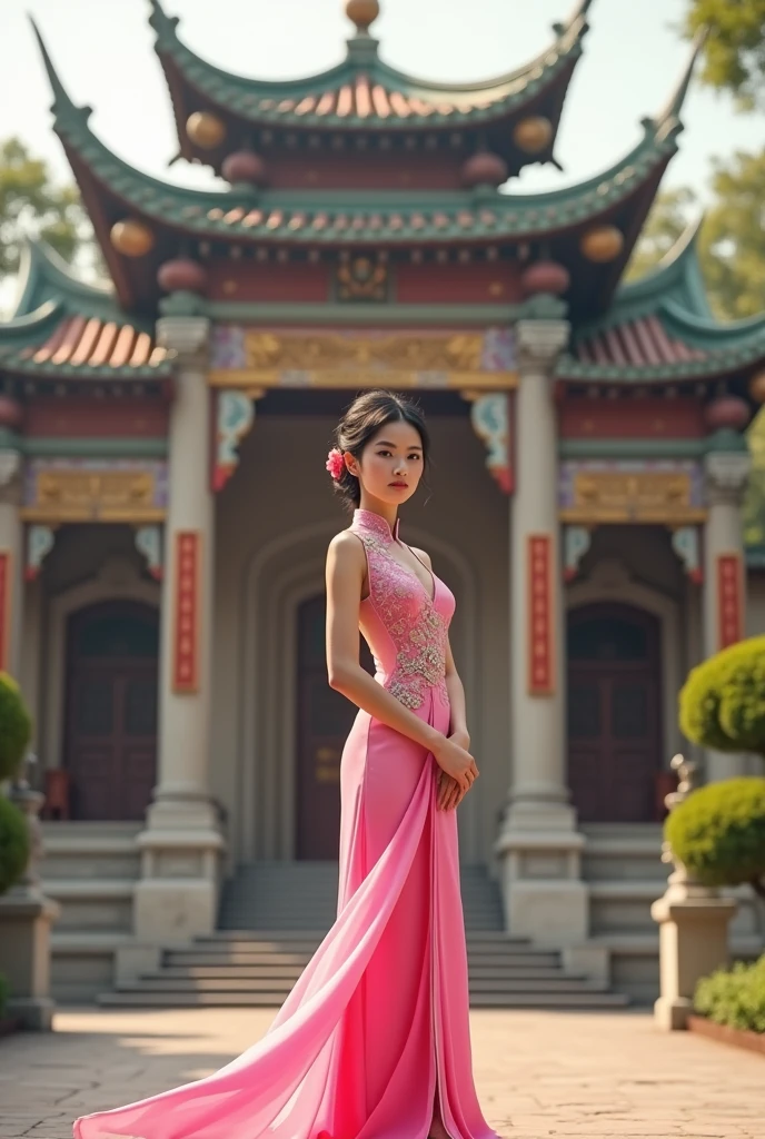 hyper realistic super detailed a very beautiful woman in a pink dress standing in front of a building Kingdom, VietNam woman, VietNam beautiful girl, a young asian woman, an asian woman, traditional VietNamese clothing, palace, a girl in Aodai, asian woman, young asian woman, traditional VietNamese, young asian girl, beautiful oriental woman, VietNamese style, VietNamese costume, masterpiece, super sharp, super portrait, UHD, 18K