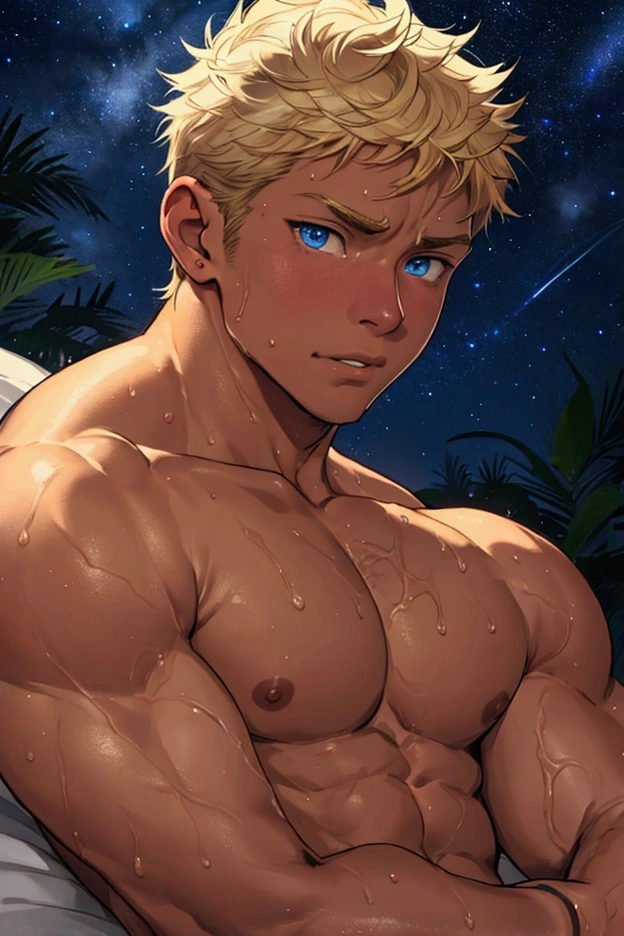 A large, muscular man in his 20s、Highest quality、Perfect Eyes、Gay、Brown skin、Completely naked、shoulder strap、Blonde Short Hair、Embarrassed face、sweating、Your body is wet、Kind personality、On the bed、Night starry sky