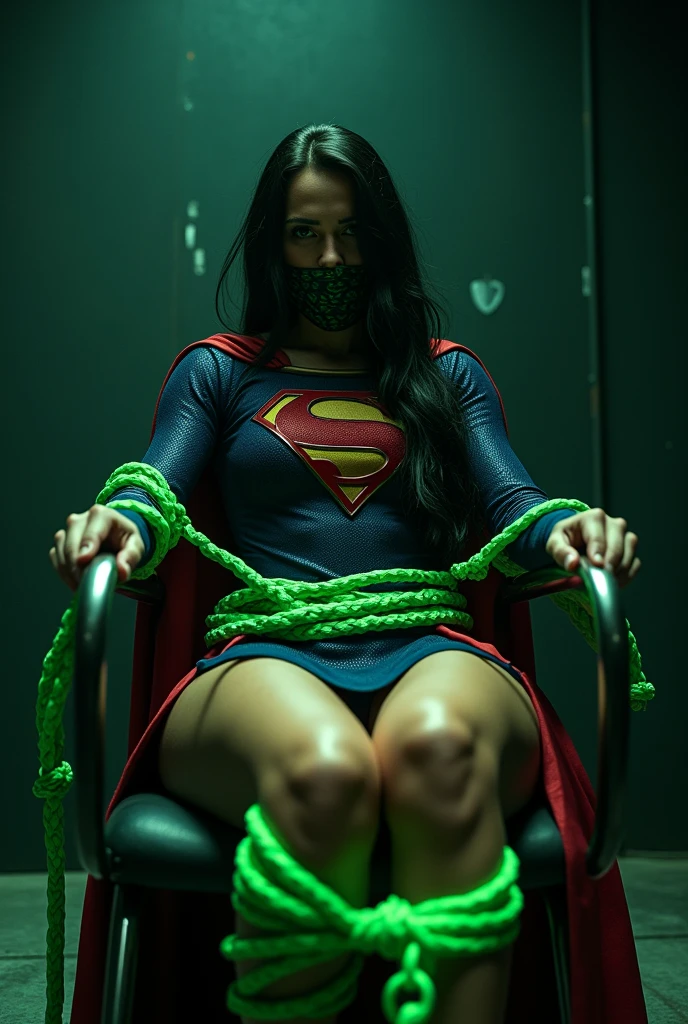 A PERIL BONDAGE SCENE WHERE A HOT SUPERGIRL WITH LONG BLACK HAIR WEARING HER ICONIC SUPERGIRL OUTFIT AND CAPE, HER HANDS, FEET AND WASTE TIED UP TO A METAL CHAIR WITH GLOWING GREEN KRYPTONITE ROPE, A SEX BALL GAG COVERING HER MOUTH, COMPLETELY HELPLESS IN A PITCH DARK ROOM. INCREDIBLE DETAILS, HYPER DETAILED IN 8K RESOLUTION