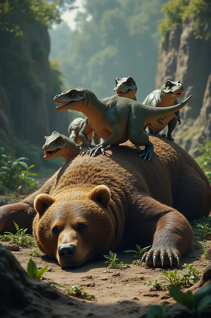 The bear is dead,Dinosaurs sat on it。