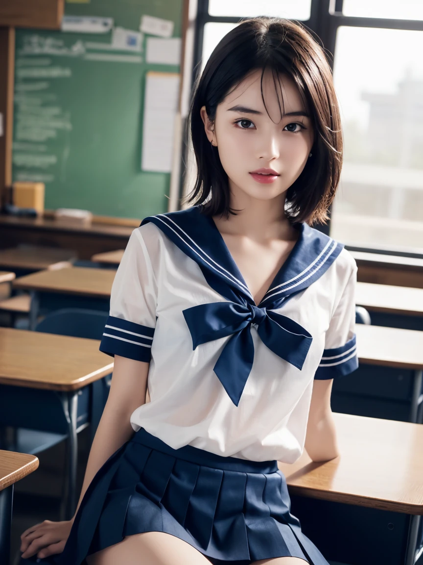 masterpiece:1.2, Very detailed, Ultra-high resolution, Realistic, photo Realistic:1.6, High-resolution RAW color photos, Professional photos, Sharp focus:1.2, Very detailed顔と肌の質感, Very beautiful eyes, Glossのある肌, Glowing Skin, Glowing Skin, Shining Face, Gloss, Oily skin, greasy face, Oily skin, greasy face,, real Glossのある肌 texture, Perfect Anatomy, Very detailed背景,(High school classroom at night),1 female,25-year-old woman, Japanese women,height: 168cm,short hair, Straight hair, bangs, Brown Hair,((Flat Chest:1.6)),Slender legs, (See-through white short-sleeved sailor suit、Navy blue pleated mini skirt:1.5、Sexy T-panties under skirt:1.6),((A sailor uniform that was wet from the rain and very transparent:1.5)),Earrings,((Sit on a desk))